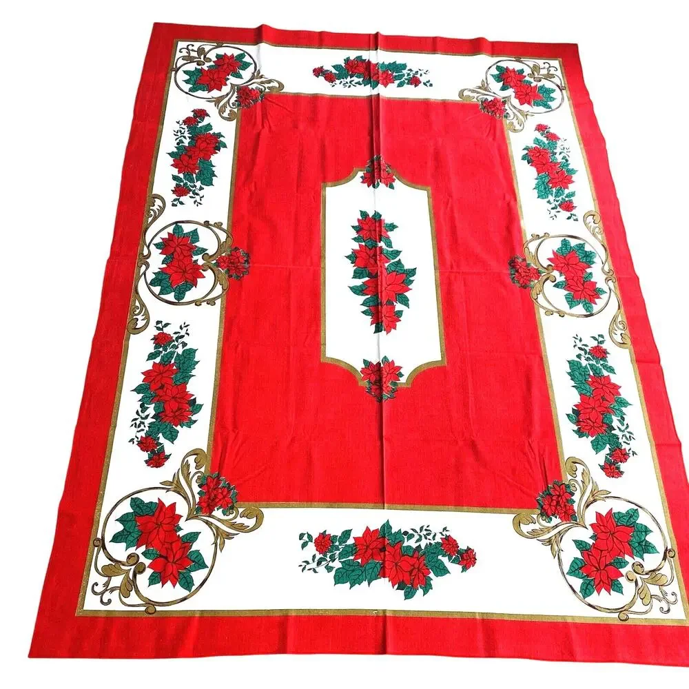 Christmas Tablecloth Vintage 1990's Festive Holiday Table Cover Red White Green